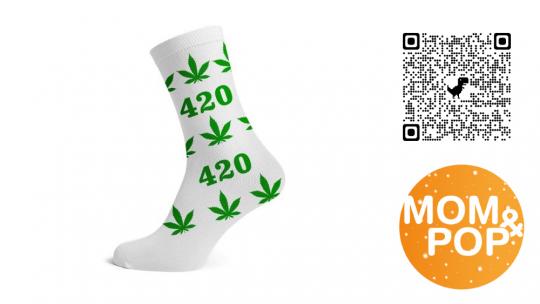 Hemp Socks Long, White with Green 4:20 